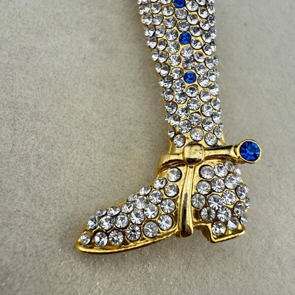 Gold-Toned Rhinestone Boot Brooch With Blue & Clear Crystal Accents Pinback Jewe - Picture 2 of 5